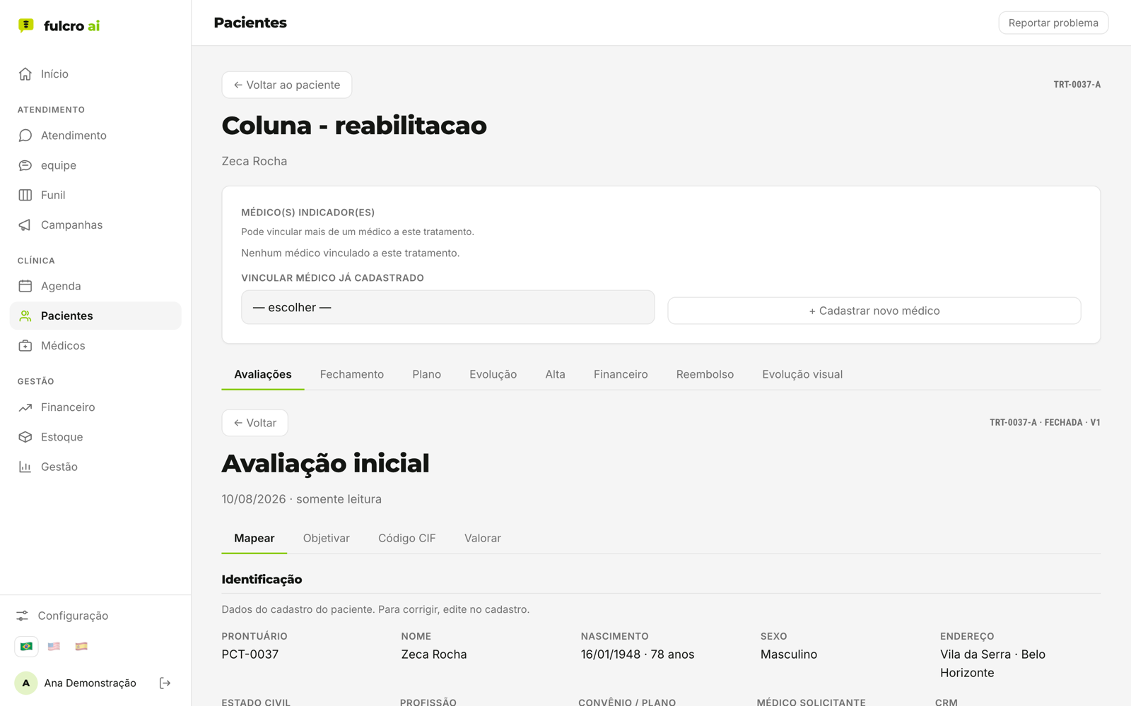 Tela real da fulcro: avaliação inicial estruturada em etapas Mapear, Objetivar, Código CIF e Valorar