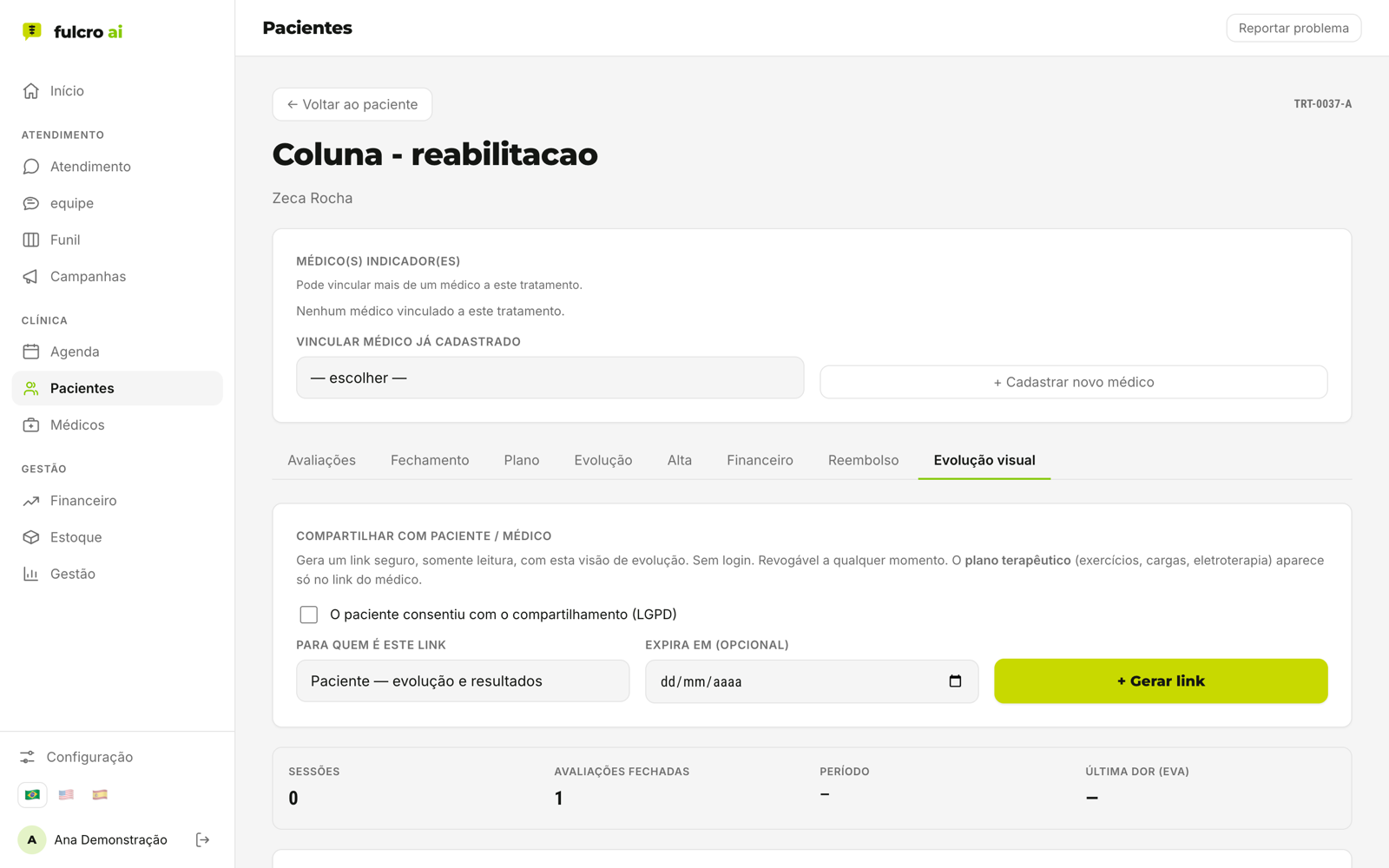 Tela real da fulcro: geração de link seguro de evolução para o médico ou para o paciente