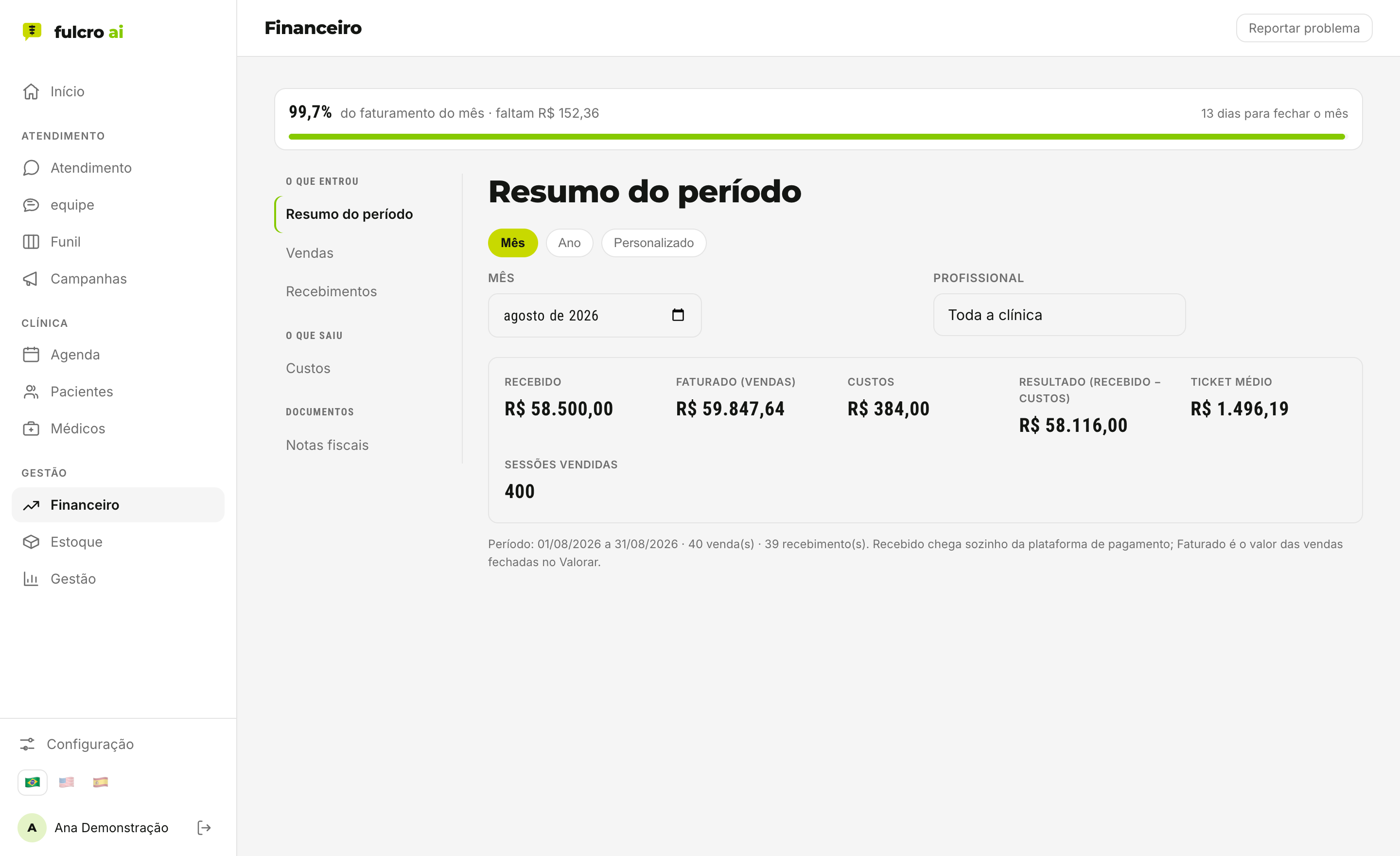 Financeiro da fulcro: recebimentos do mês, notas fiscais e pendências