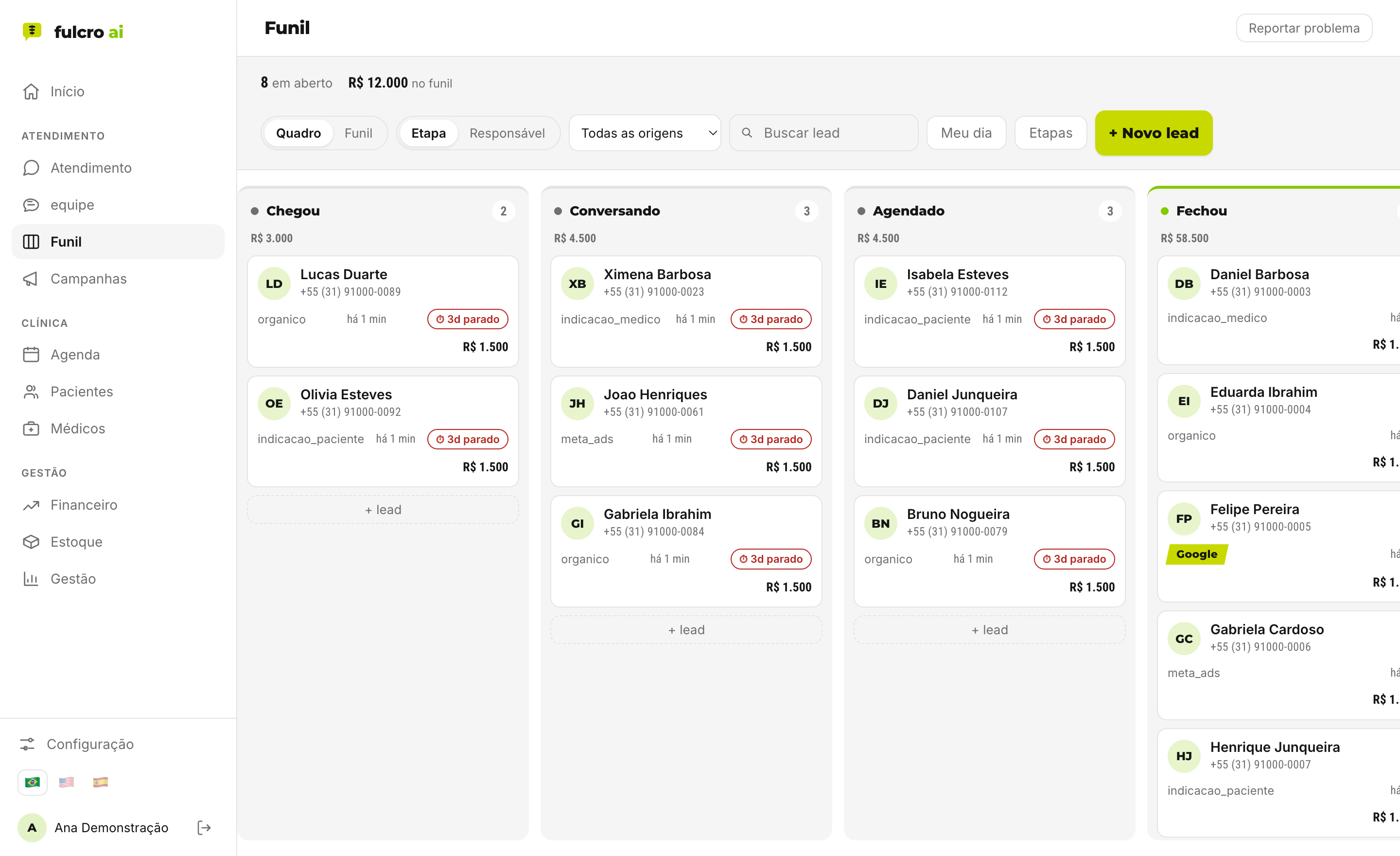 Funil de leads da fulcro: cartões por etapa, com alerta de lead parado