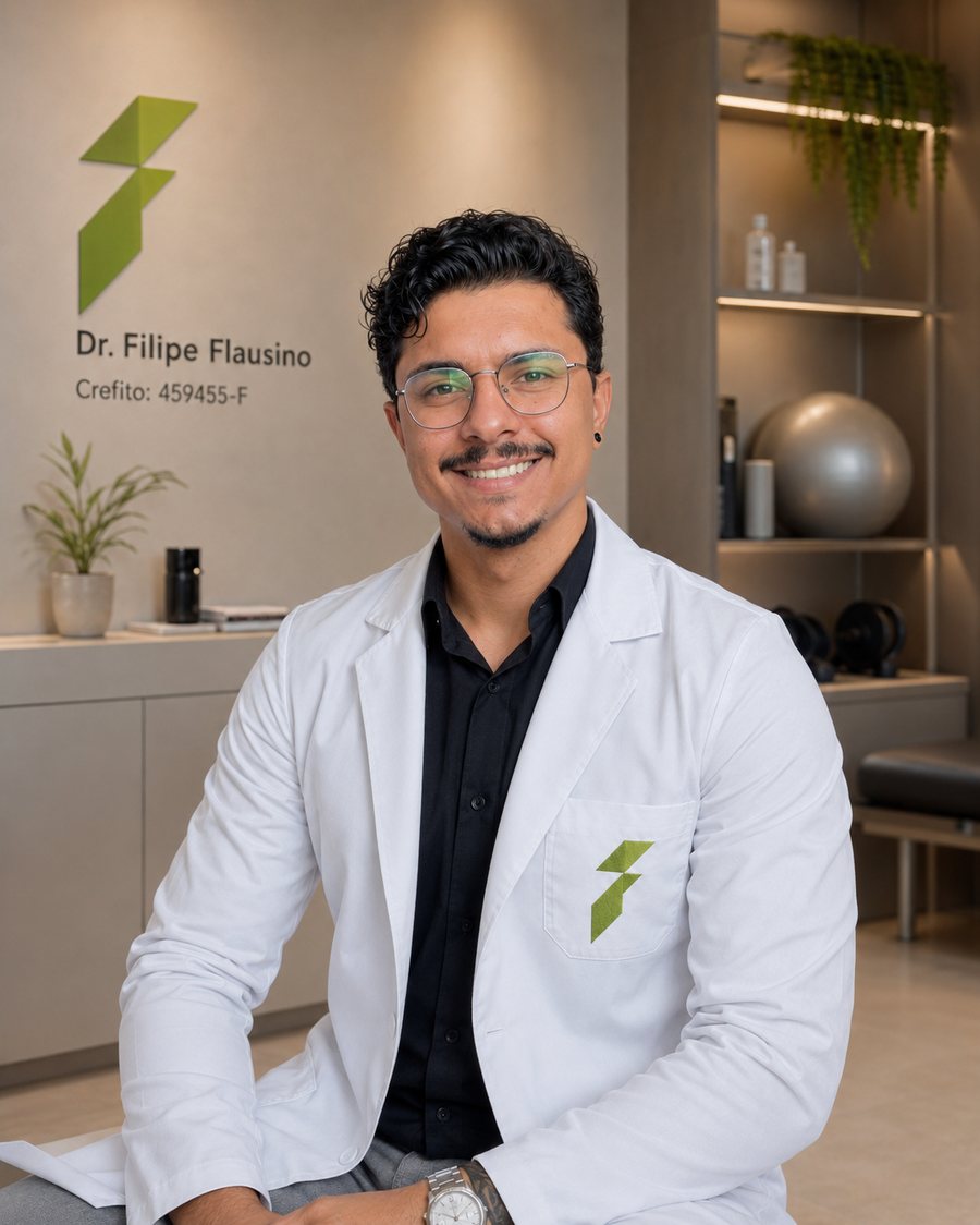 Dr. Filipe Flausino, fisioterapeuta, na recepção da sua clínica