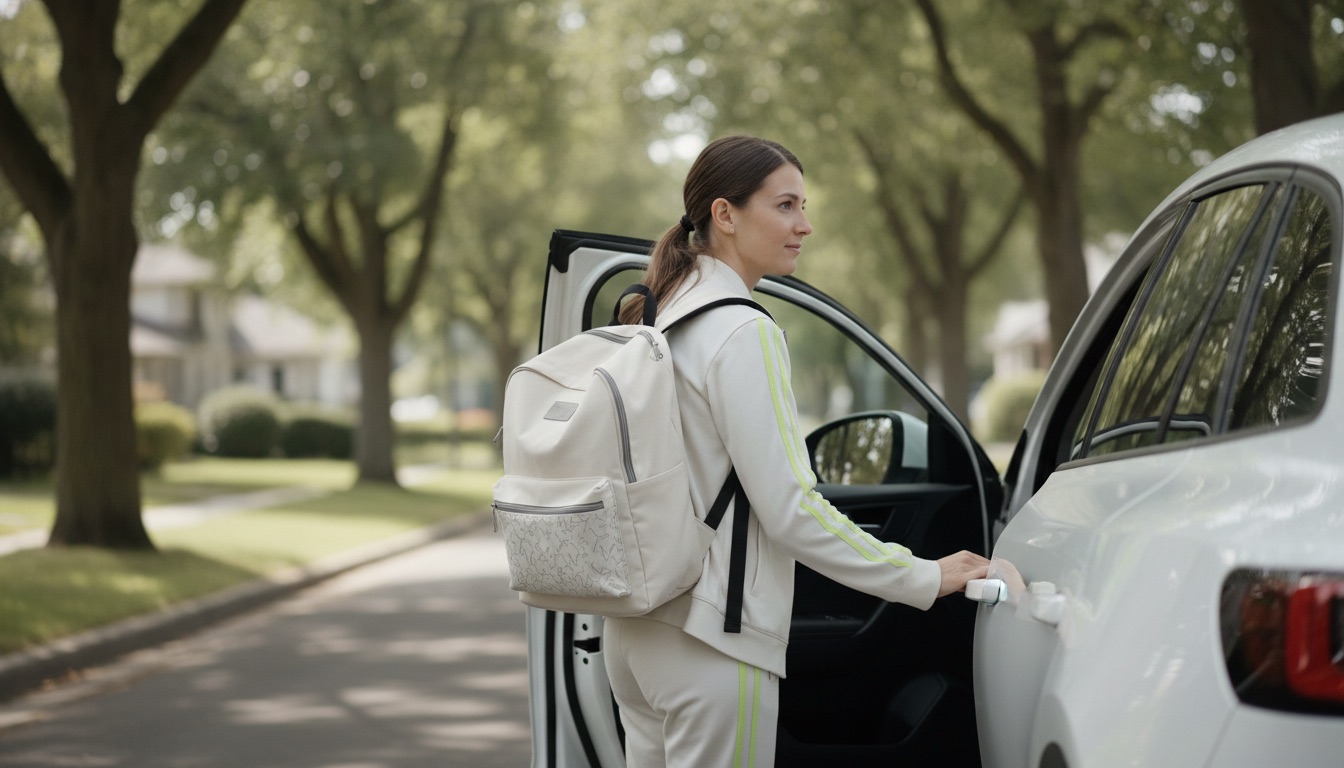 Fisioterapeuta com mochila abrindo a porta do carro, a caminho de um atendimento domiciliar