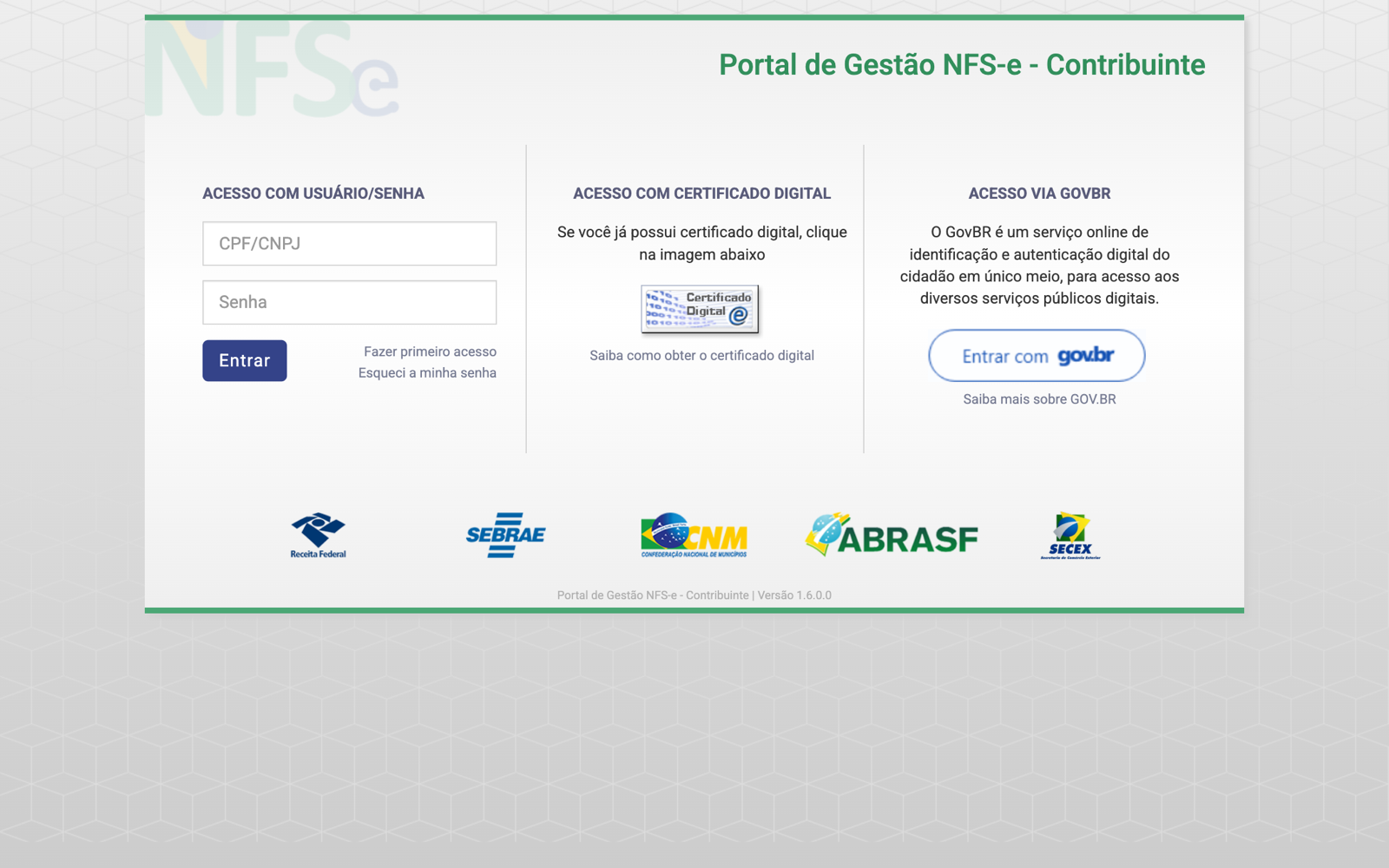 Página de entrada do Emissor Nacional da NFS-e, com a opção de acesso por certificado digital